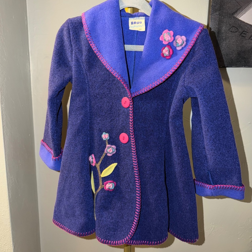 Tuff Kookooshka Girls Purple Fleece Floral Swing Coat Jacket Made in USA Size 4